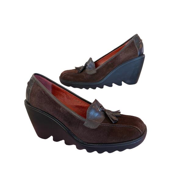 Donald Pliner‎ Chocolate Brown Suede Wedge Loafers 9 Italy preppy Goth Academia - Picture 3 of 8